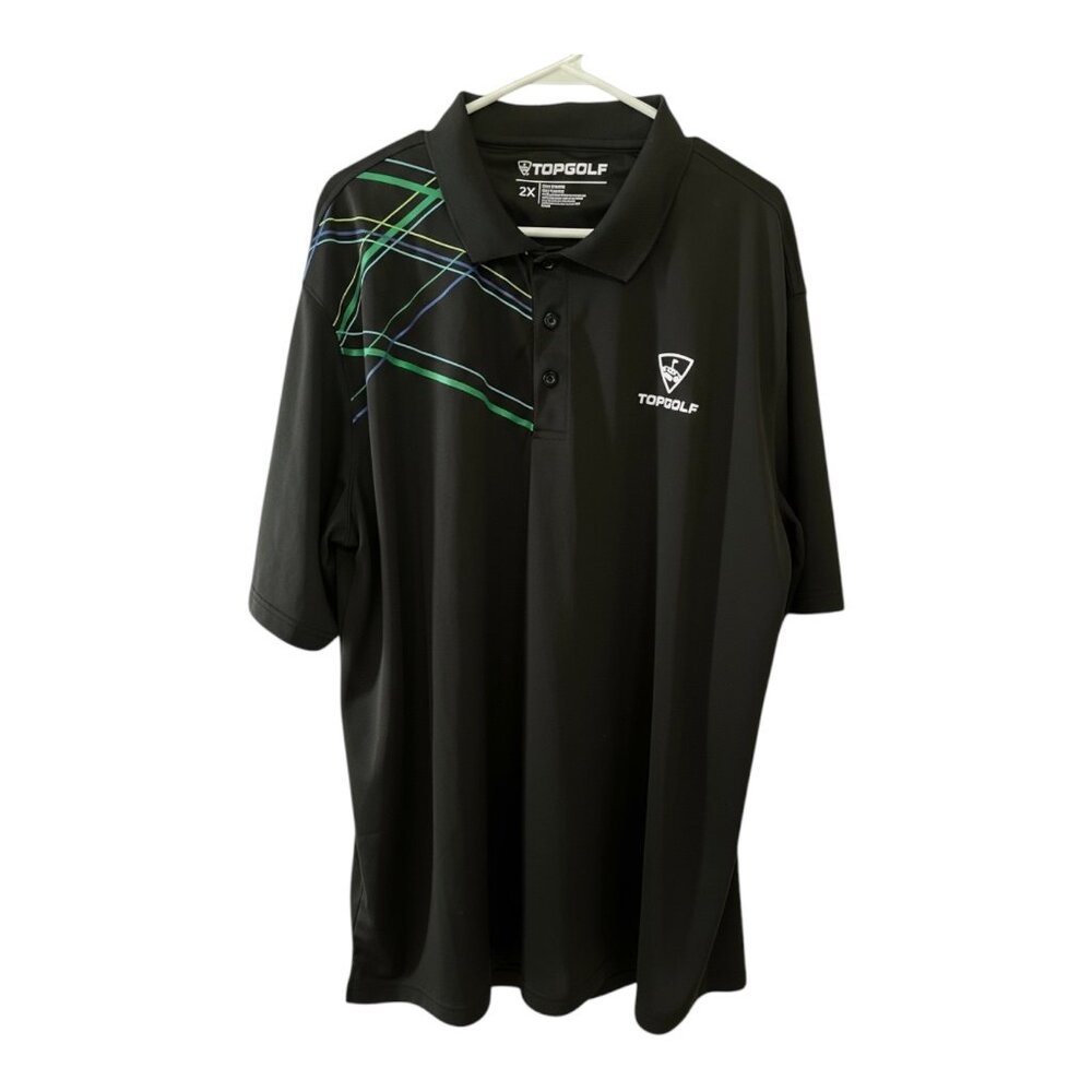 Topgolf Men’s 2XL Black Polo Shirt – Geometric Stripe Design – Short Sleeve Perf